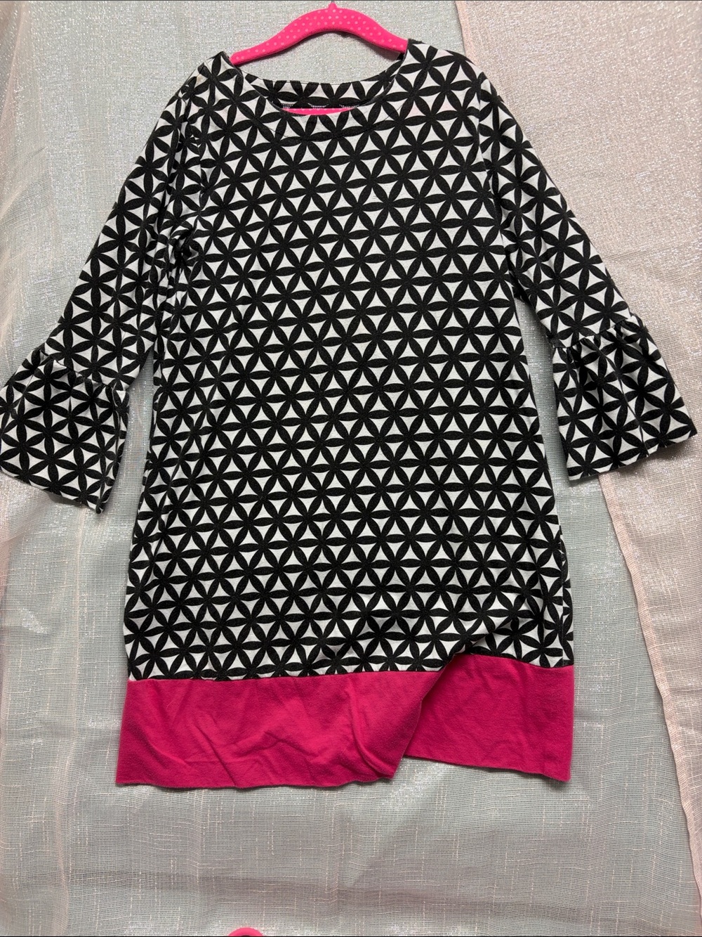 Justice Black & White Geometric Dress with Hot Pink Hem